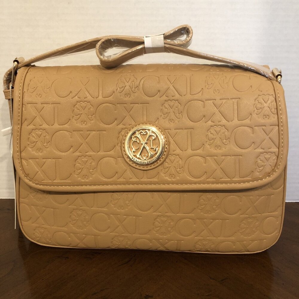 Christian Lacroix CLARA Emboossed Logo Shoulder Bag In Toffee 11” x 7” x 4”